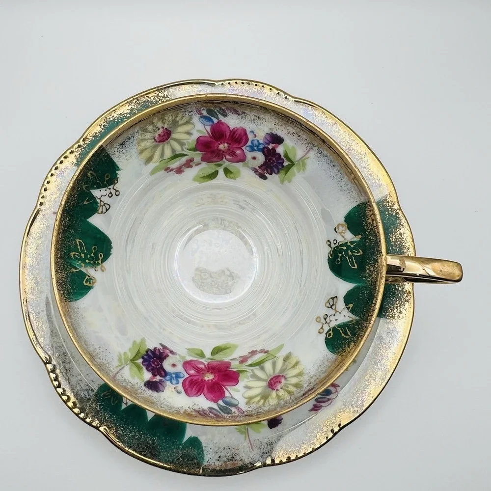 Trimont Ware Japan Pedestal Teacup Saucer Floral Gold Gilt Luster Vintage Tea Se